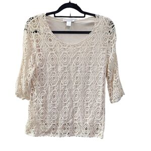 Ivory/Cream Crocheted Knit Top, 3/4 Length Sleeves. Christopher And Banks,Small